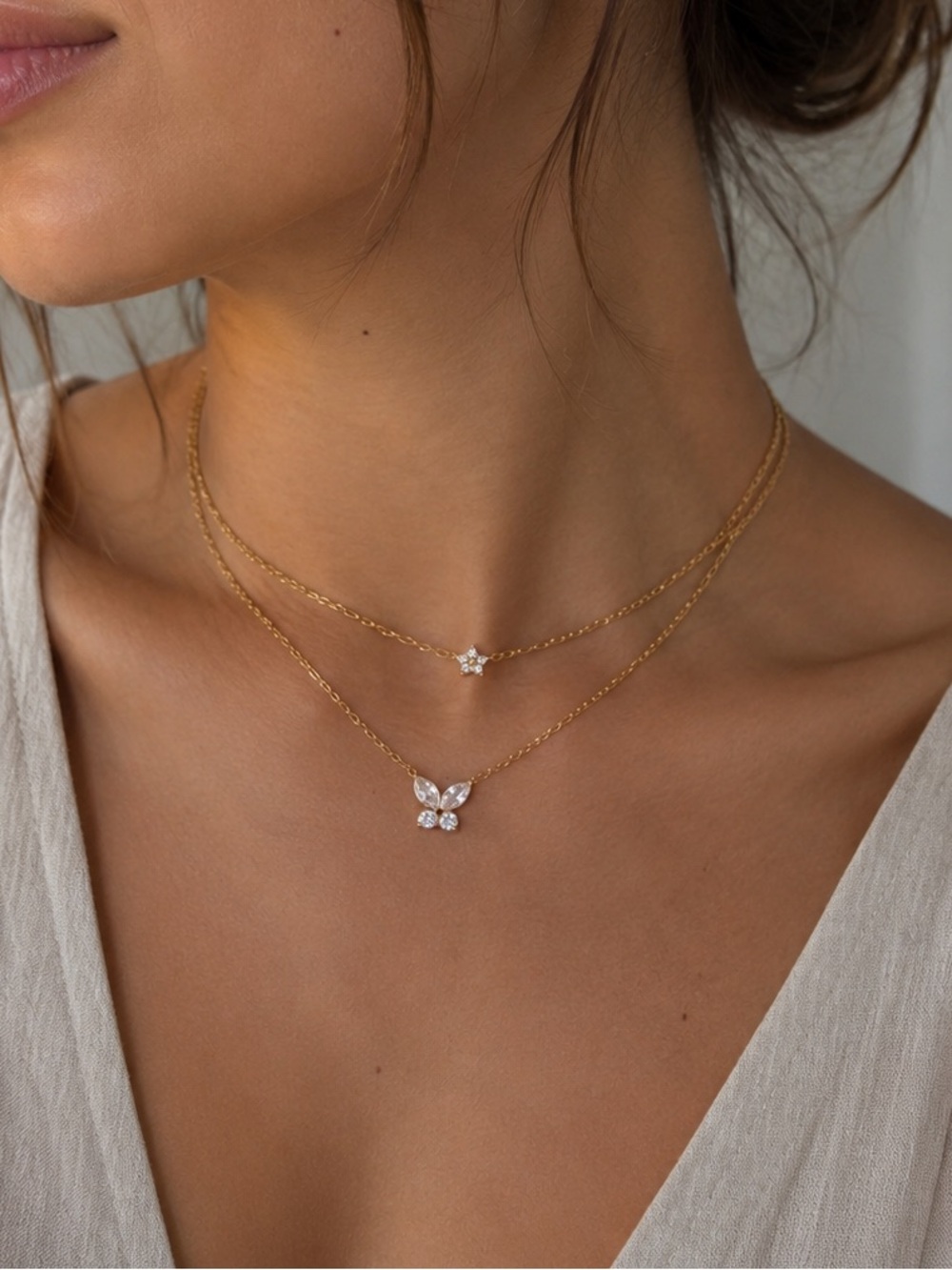 18K Gold Plated Double Layer Butterfly & Flower Necklace